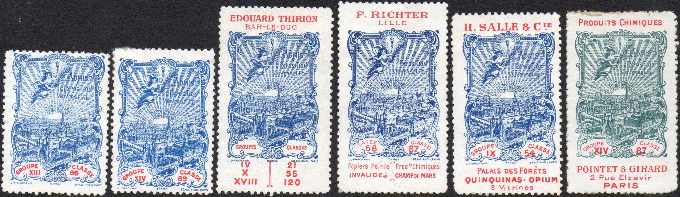 Vignettes / Cinderellas Paris Expo 1900 par Groupe et Classe : Edouard Thirion, Bar-le-Duc : F. Richter, Lille : H. Salle & Cie : Pointet & Girard, Paris
